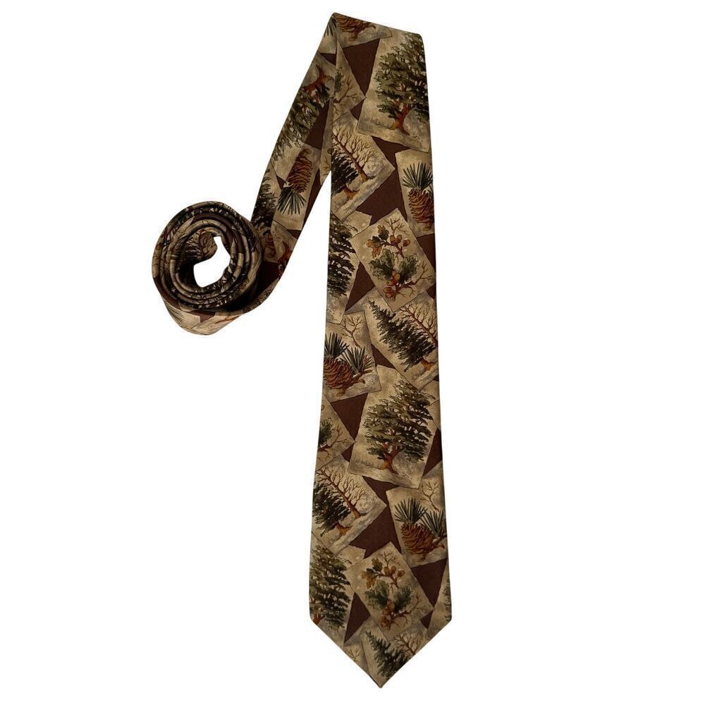 Oscar De La Renta Mens Silk‎ Necktie Wood Cream Brown Tie Trees Nature Forestry